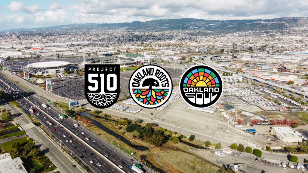 Oakland Roots and Soul Sports Club have submitted an official proposal to enter into a lease at the Malibu Lot adjacent to the Coliseum located in East Oakland, California. The image displays an aerial view of the Malibu Lot with Oakland Roots, Oakland Soul, and Project 51O crests side-by-side.