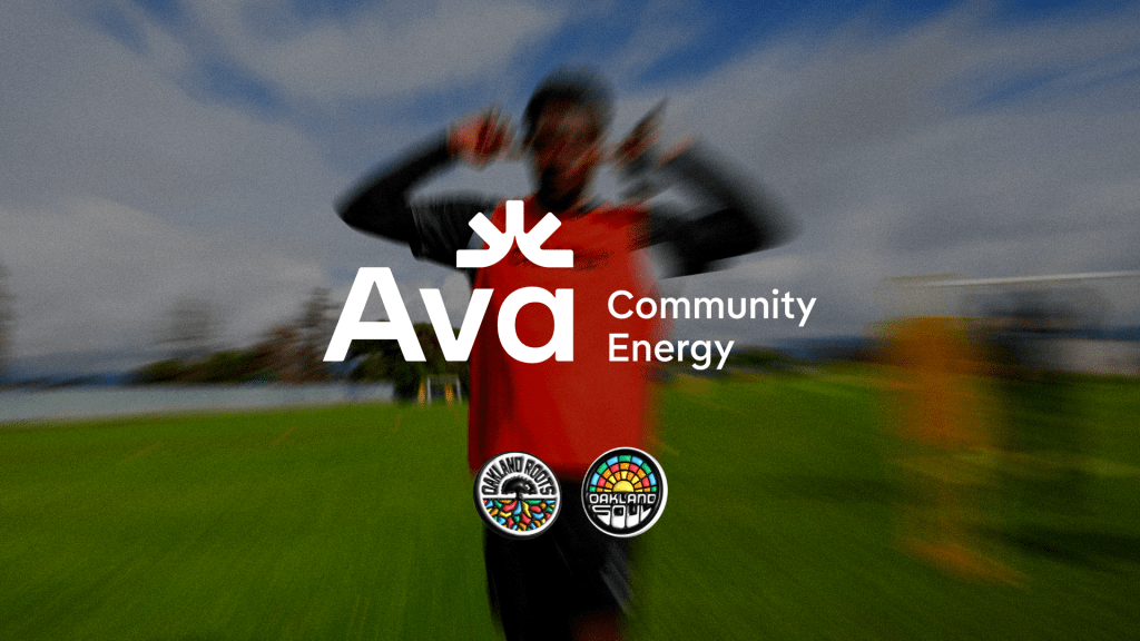 Logo lock up of Ava Community Energy, and Oakland Roots and Soul Sports Club.