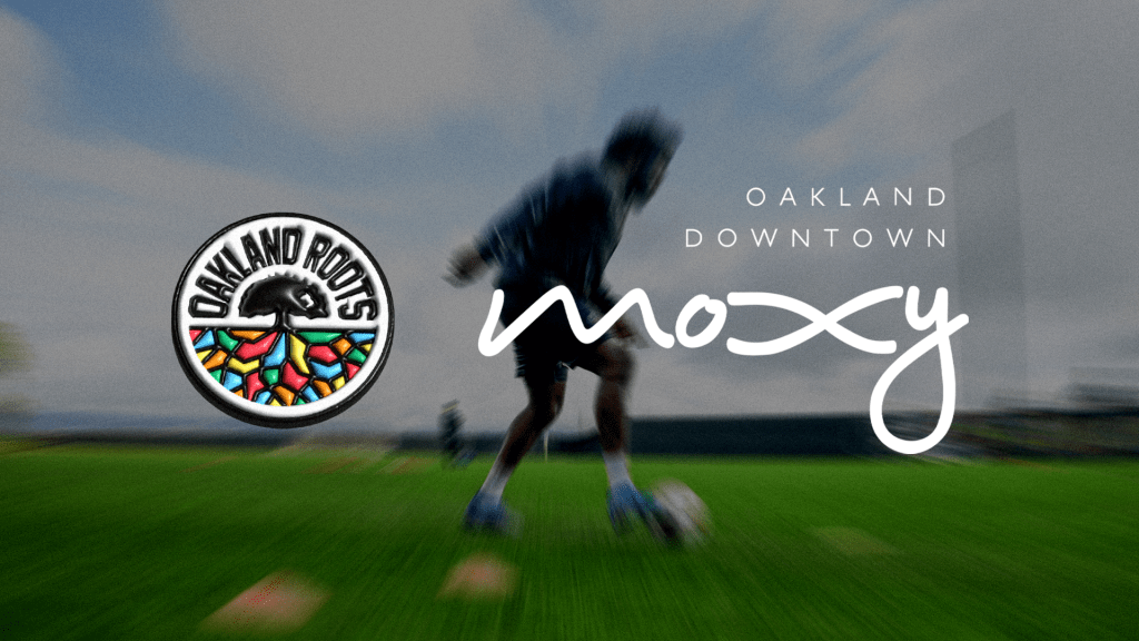 Logo lockup of Oakland Roots SC and Moxy Oakland Downtown